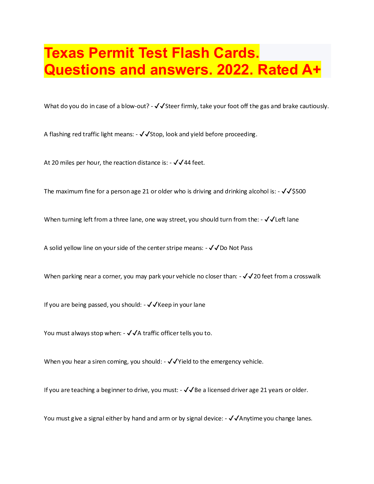 CA DMV Permit Test Questions and answers. 2022. Graded A+.